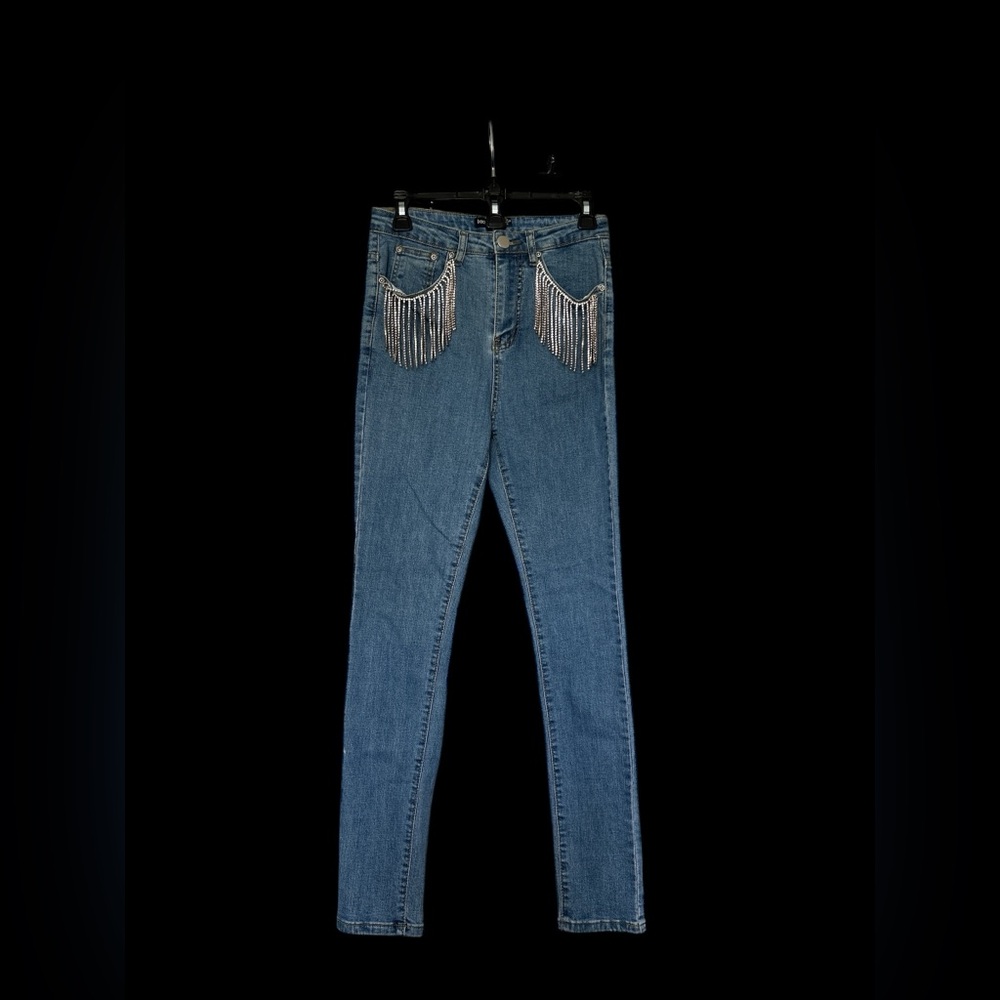 Rhinestone Cowgirl Glitzy Rhinestone Bedazzled Fringe Denim Jeans - Size 4 - Picture 2 of 9